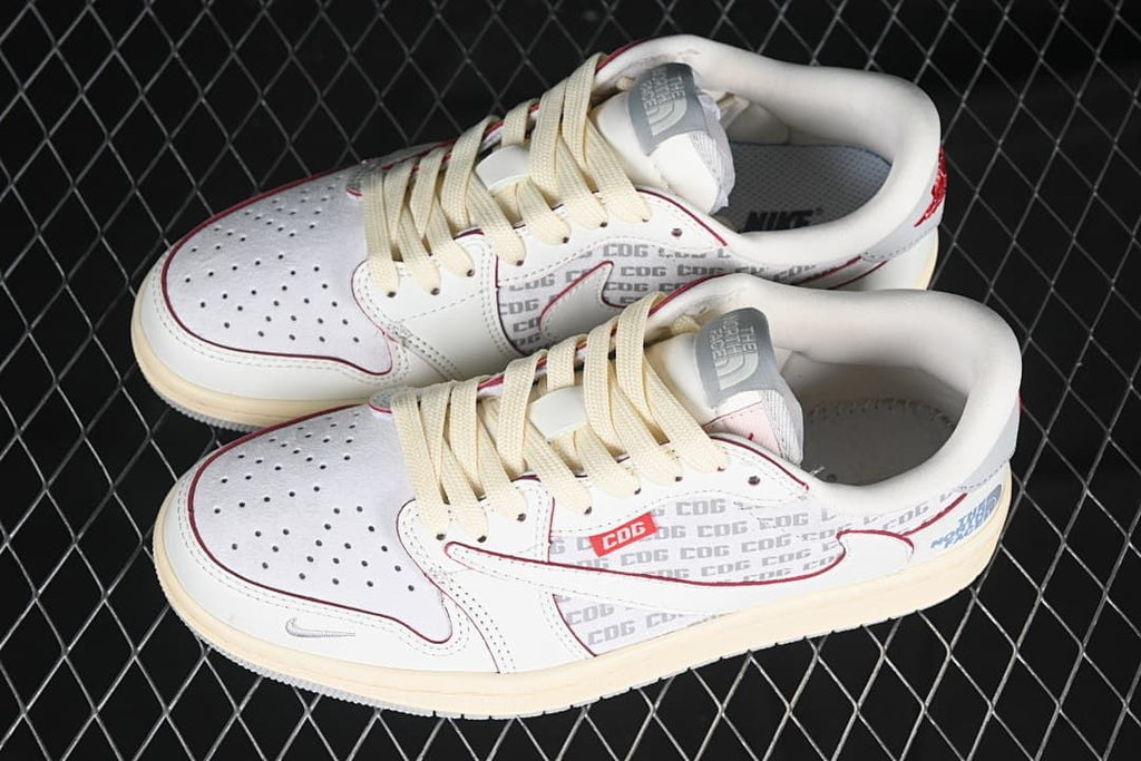Pair of off-white low-top sneakers shown from above at an angle.