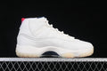 Side view of a white Air Jordan 11 Retro high-top with multicolor collar accents and a translucent-looking outsole.