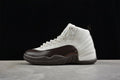 Air Jordan 12 high-top sneaker in sail white and dark brown, side view