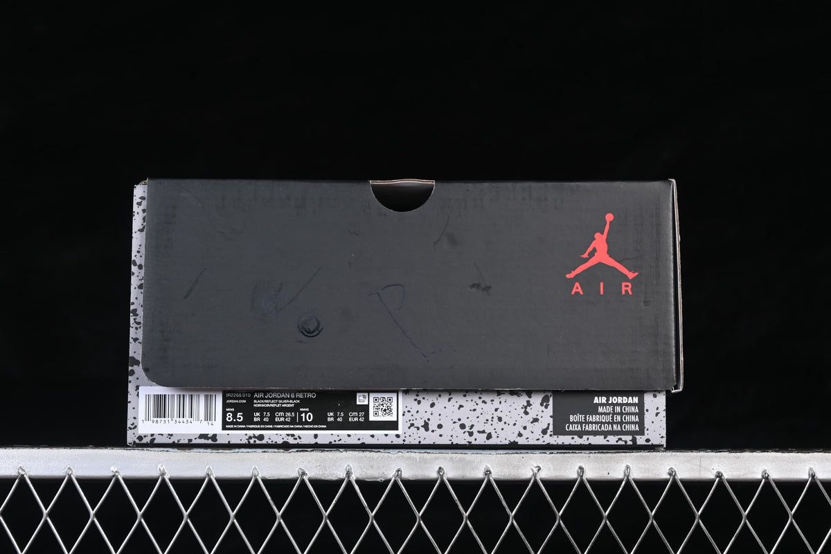 Air Jordan shoe box with a label identifying the Air Jordan 6 Retro and style code IR2266-010.