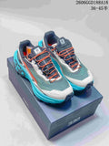 Pair of teal, gray, white, and orange Kailas FUGA trail shoes on a box