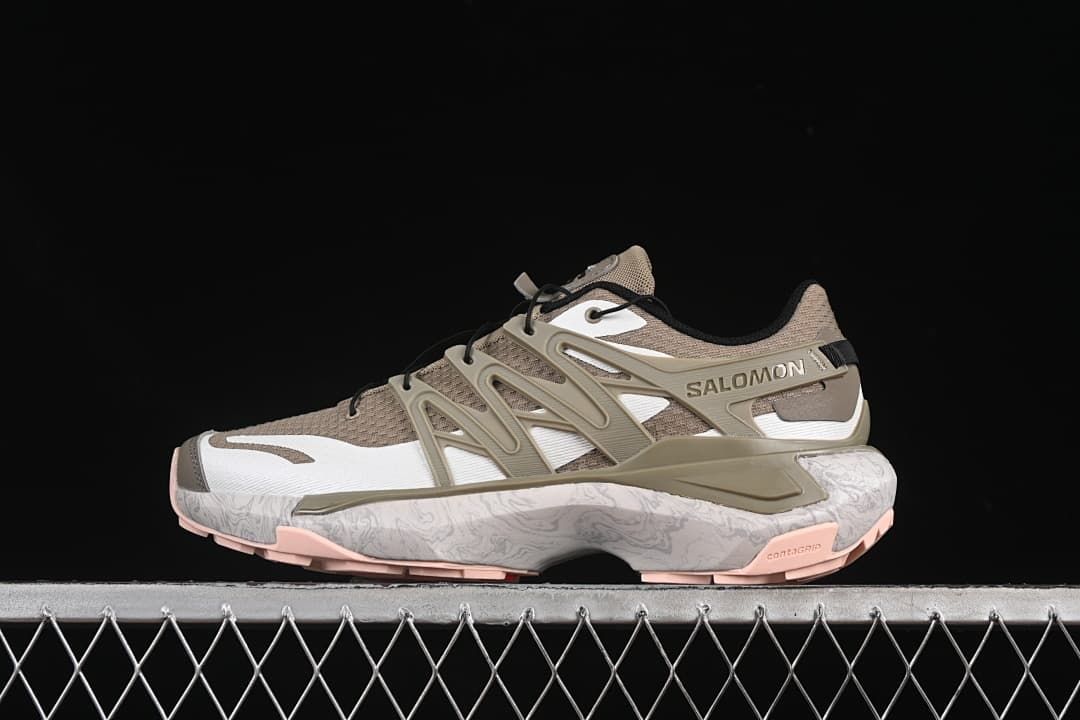 Side view of Salomon XT Pu.re Advanced sneakers in taupe, white, and pale pink