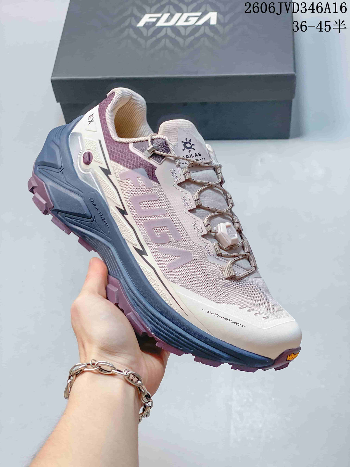 Angled side view of the Kailas FUGA trail shoe in pale pink, white, blue, and purple.