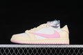 Side profile of a cream and white Jordan 1 Low sneaker with a pink Swoosh and pink outsole