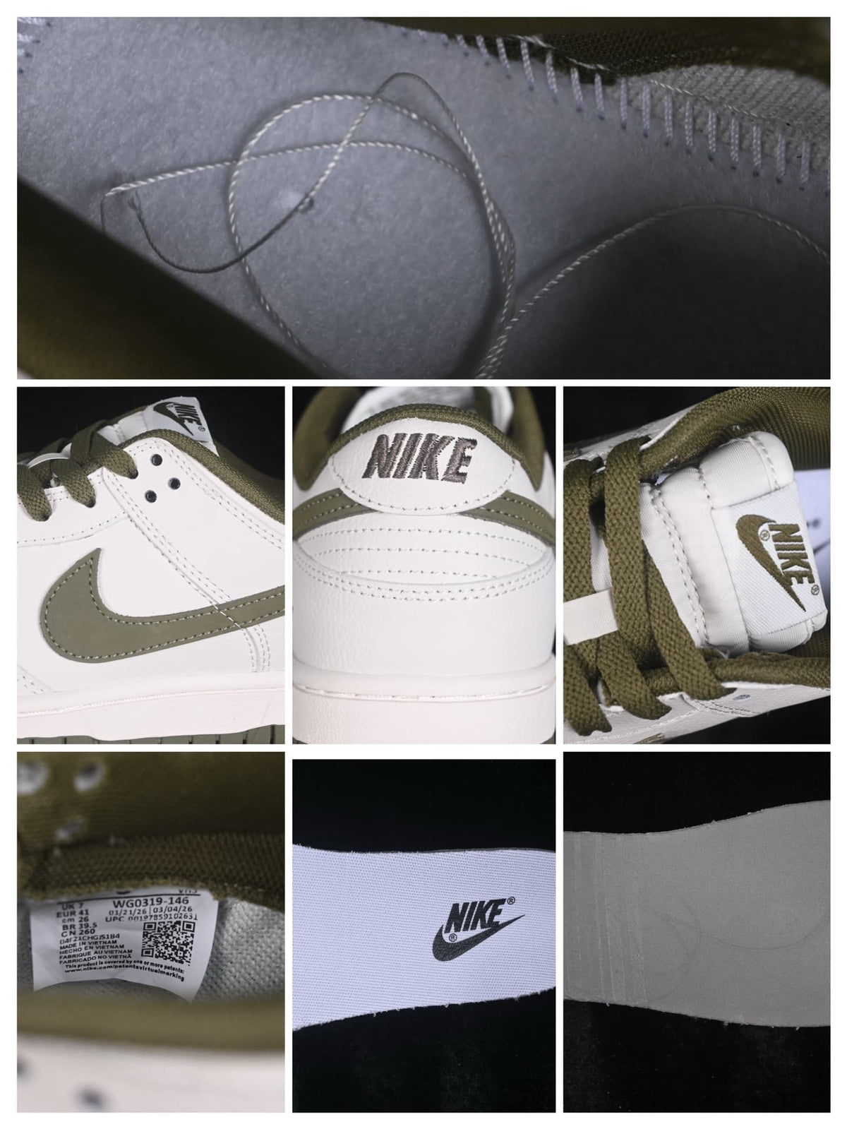 Detail collage showing stitching, Nike branding, interior label, tongue, and outsole construction.