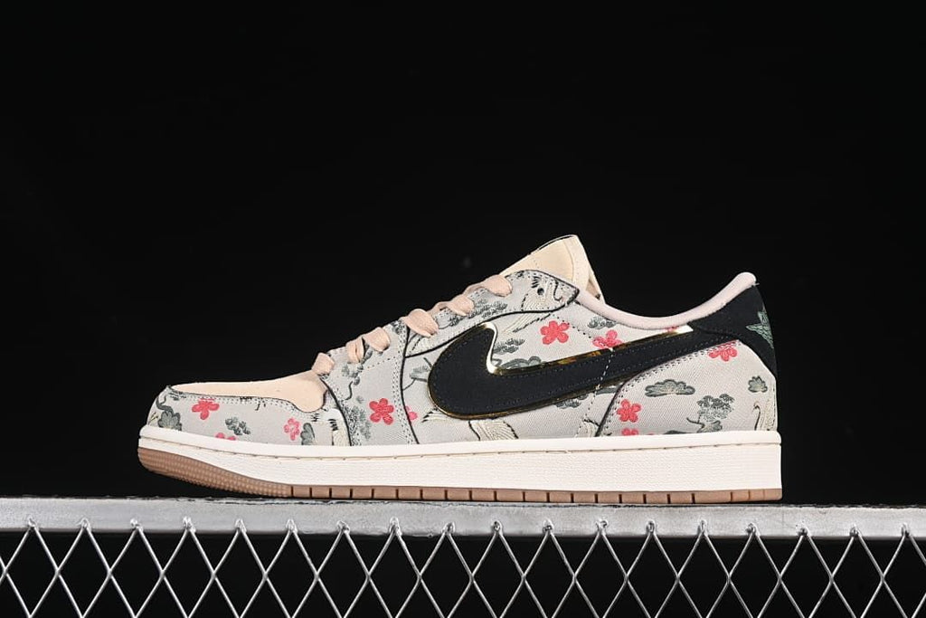 Side view of the floral-print sneaker with a dark Swoosh
