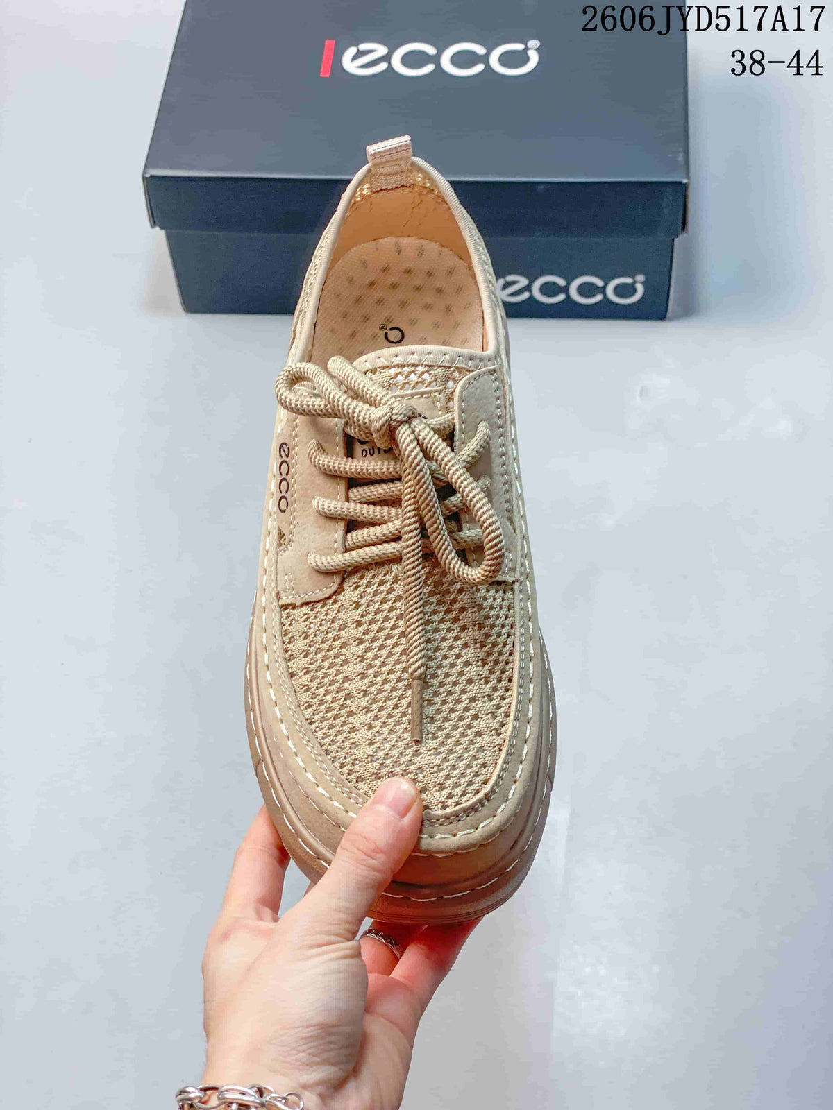 Top view of a beige lace-up shoe with mesh panels