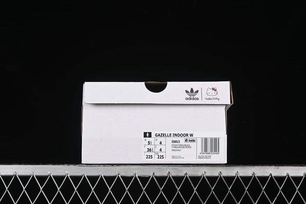 Adidas and Hello Kitty shoe box with Gazelle Indoor W label showing EU size 36⅔.