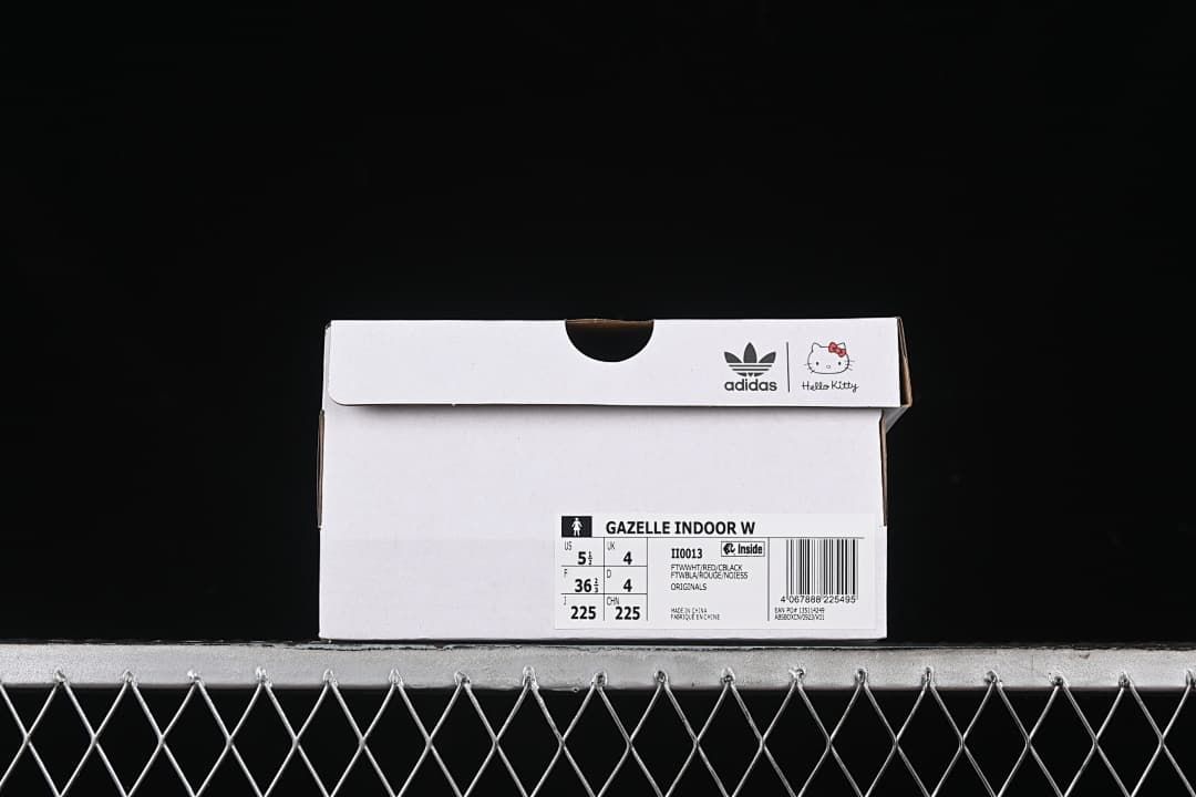 Adidas and Hello Kitty shoe box with Gazelle Indoor W label showing EU size 36⅔.