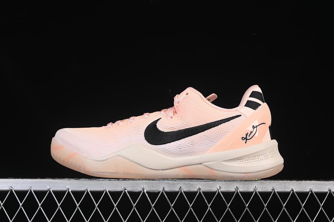 Side profile of a pink and black Nike Kobe 8 shoe