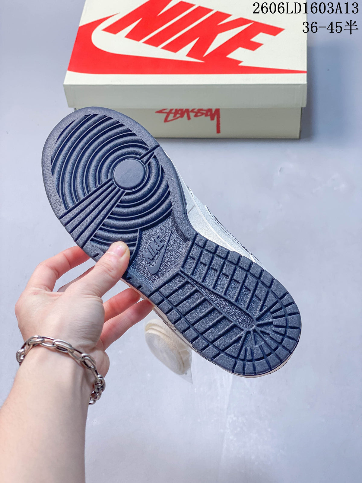 Close-up of the navy patterned outsole