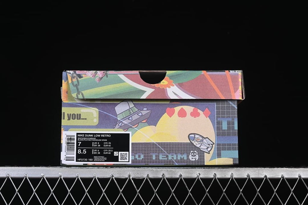 Decorative shoe box with a visible product label