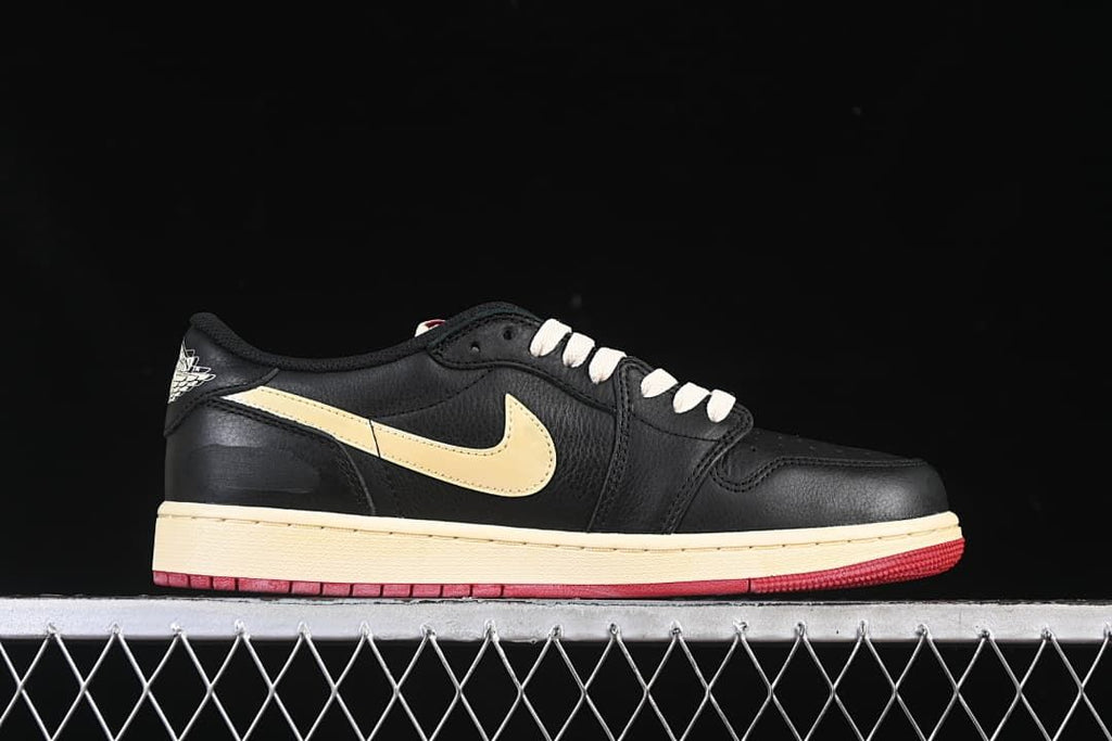Side profile showing black upper, sail Swoosh and cream-colored midsole