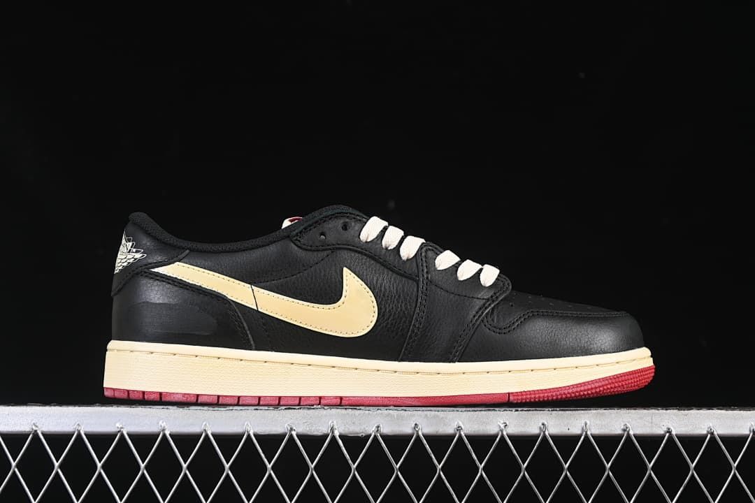 Side profile showing black upper, sail Swoosh and cream-colored midsole