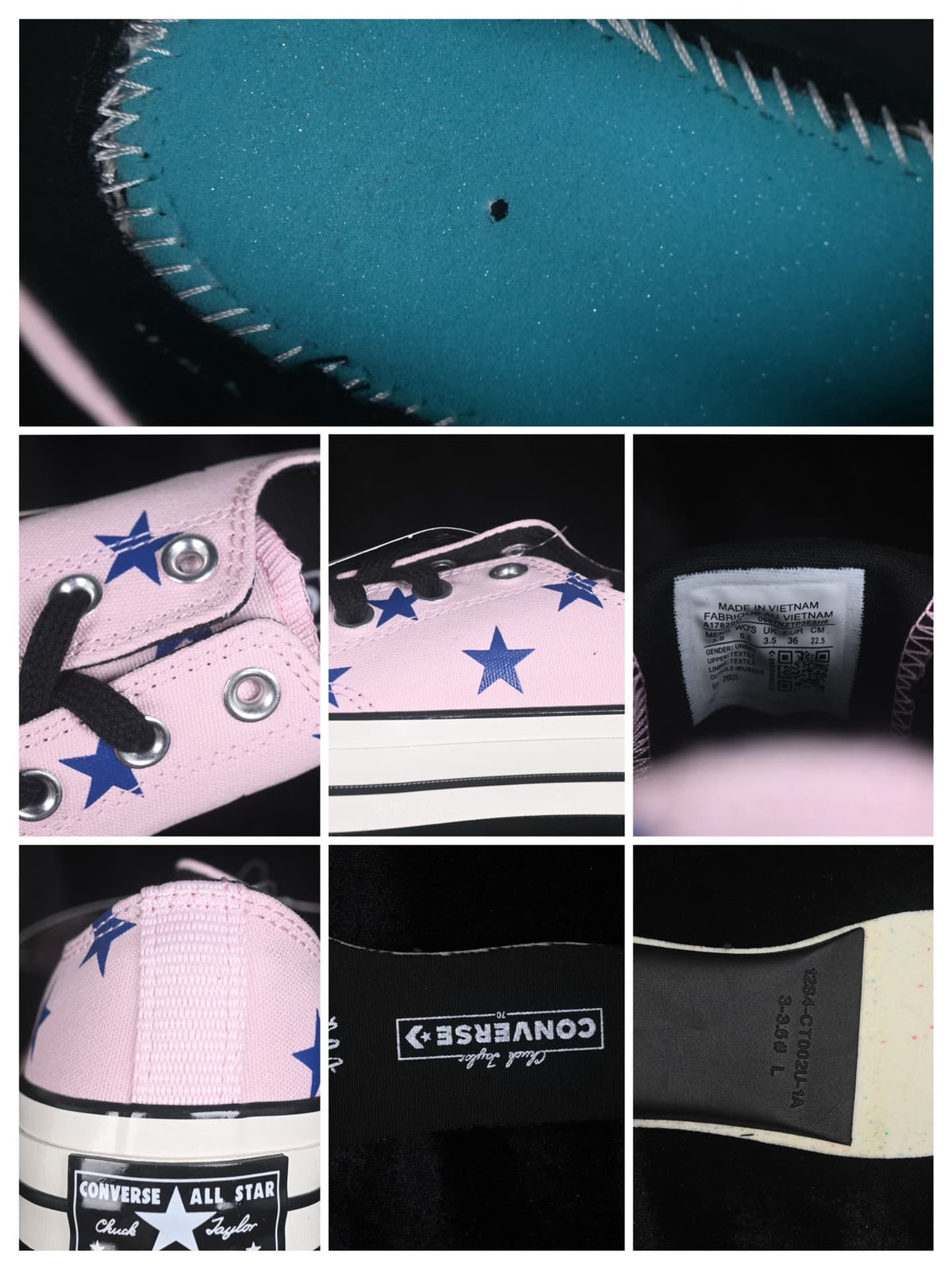 Detail collage showing the star-patterned upper, eyelets, heel label, interior branding, outsole marking, and product label.