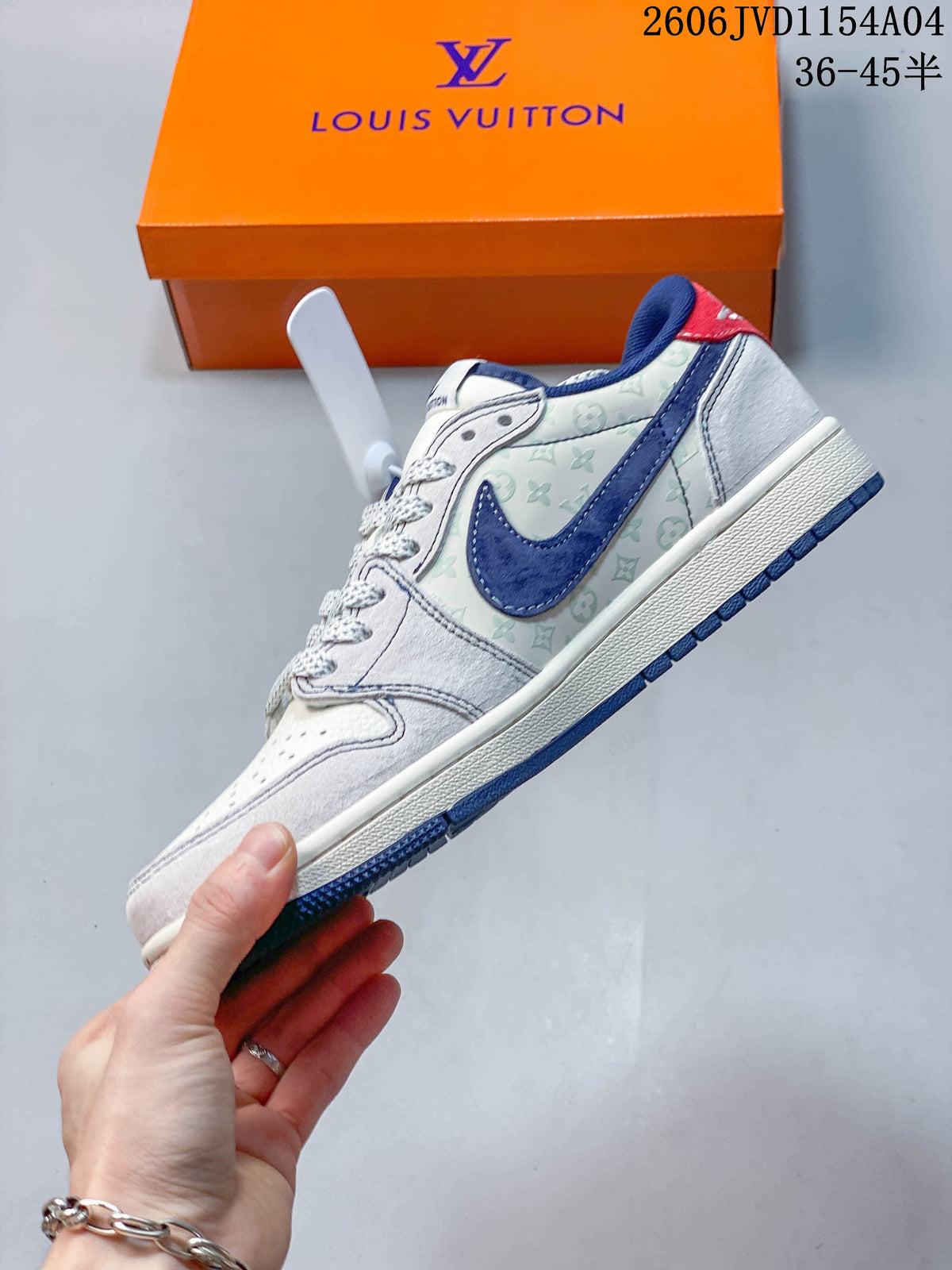 Side view of the sneaker with blue swoosh detail and patterned panel.
