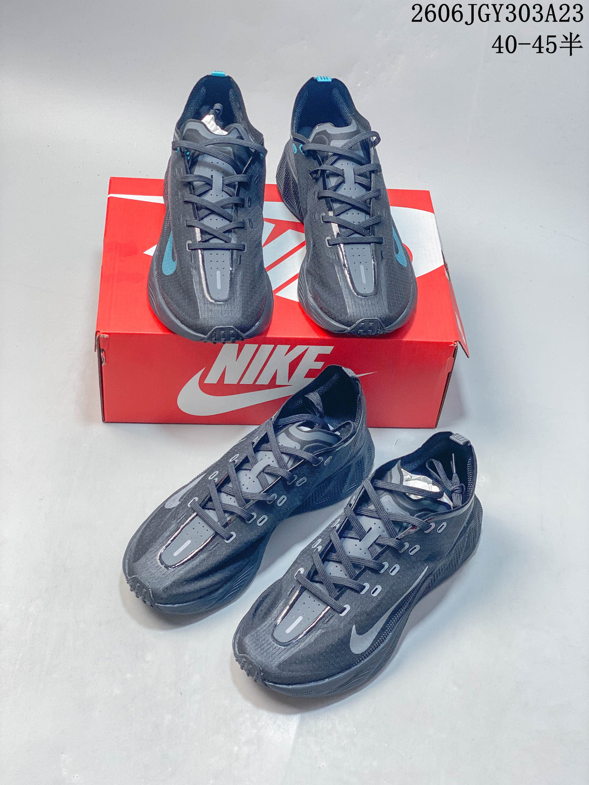 Several views of charcoal gray Nike Ava Rover low-top shoes with blue accents.