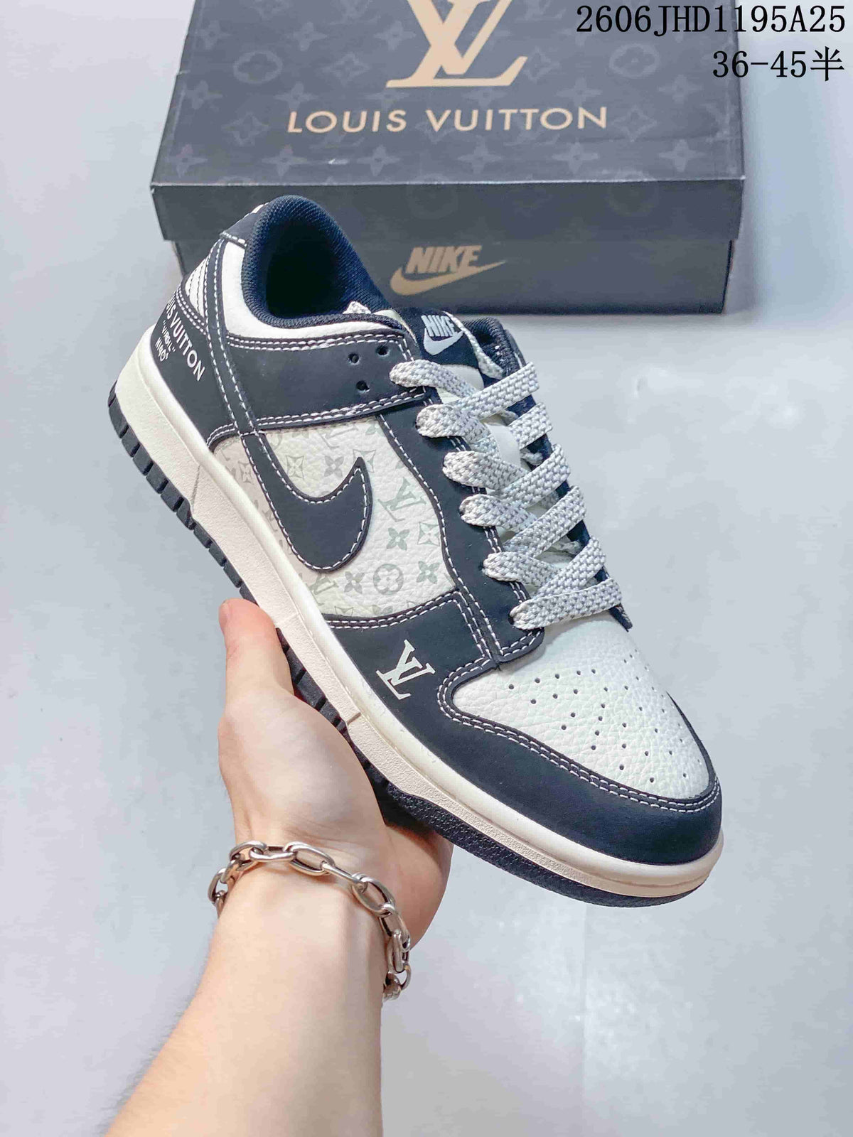 Close-up of a navy and white sneaker with patterned side panels