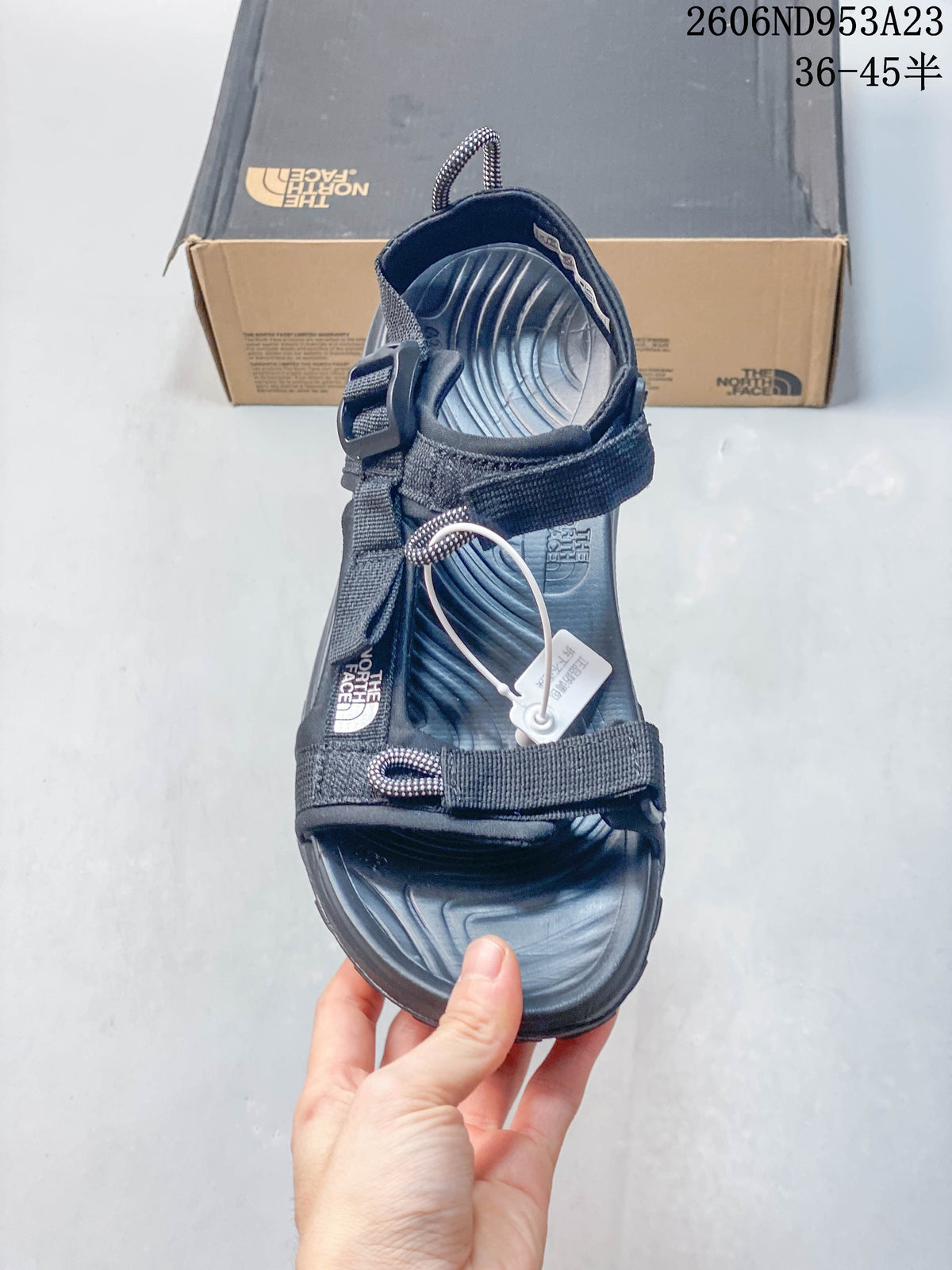 Top view of the sandal showing the footbed and adjustable webbing straps