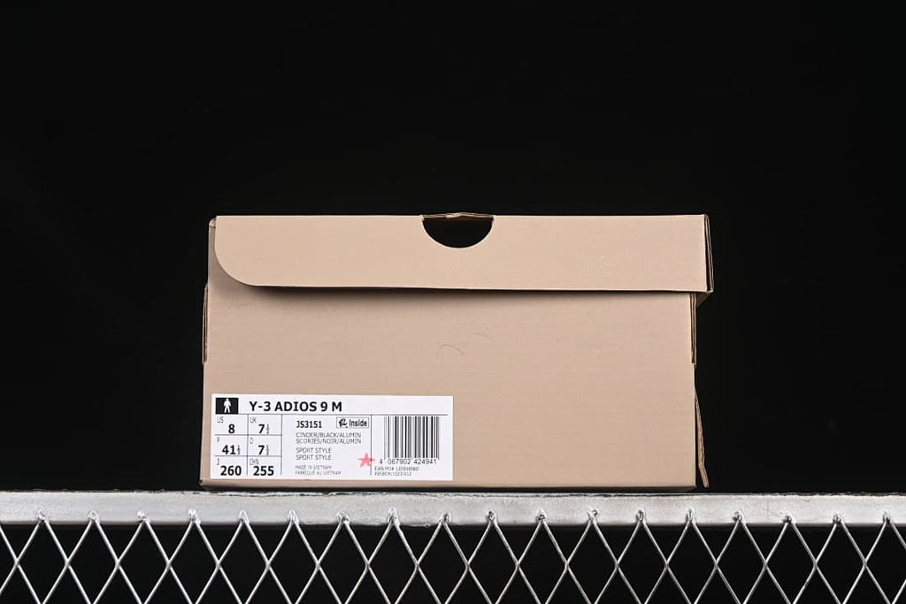 Shoe box label identifying Y-3 Adios 9 M and style code JS3151