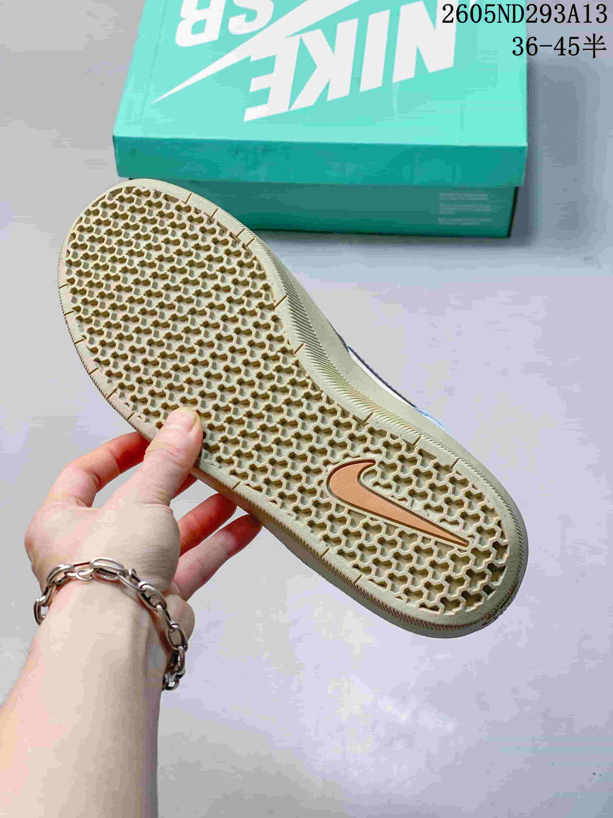 Close-up of the honeycomb-patterned outsole on a Nike SB Force 58 shoe