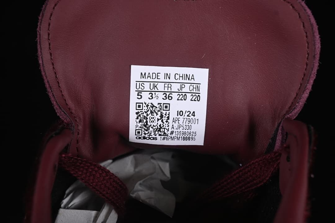 Shoe tongue size label showing US 5, UK 3½, FR 36, JP 220, and CHN 220