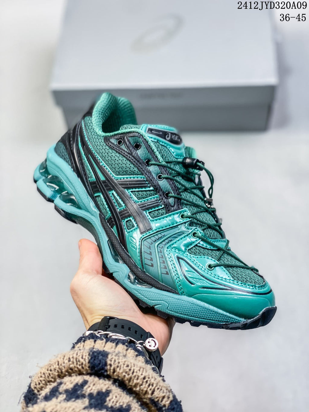 Side profile of a teal mesh ASICS sneaker with dark overlays; image text shows 36–45 and 2412JYD320A09.