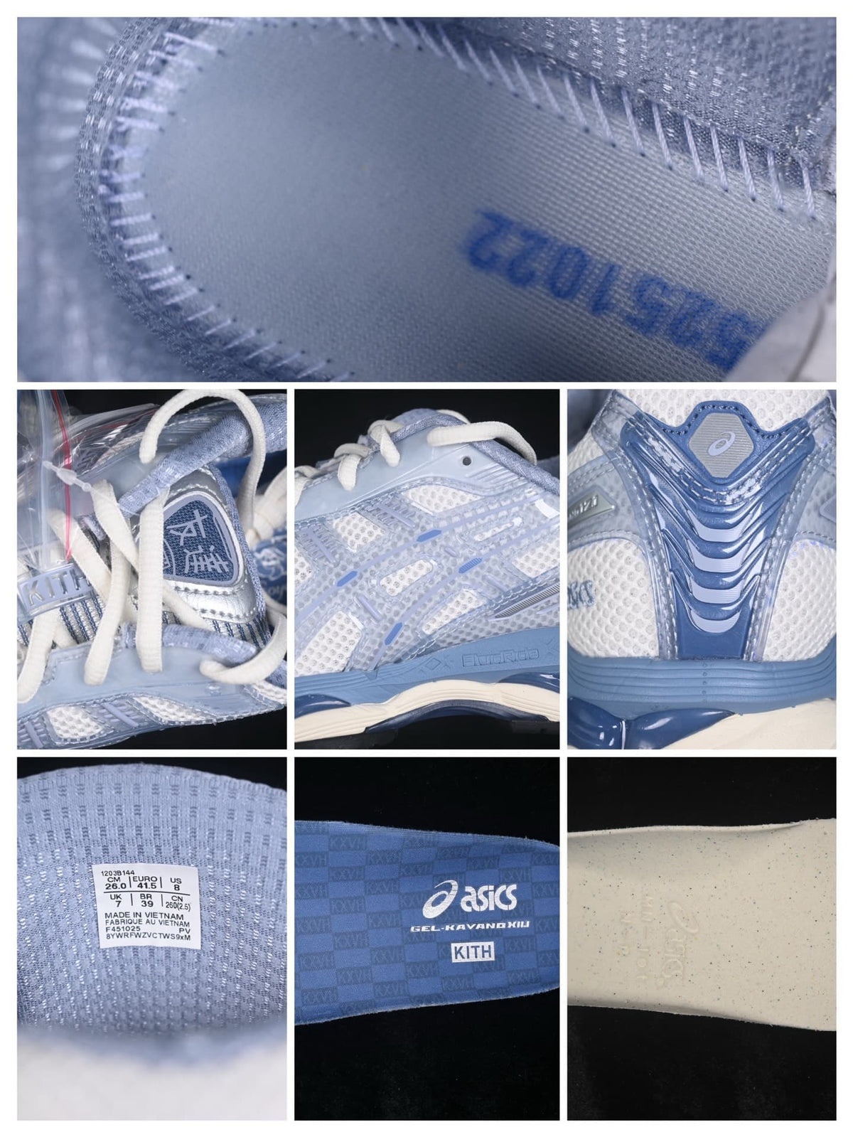Detail collage showing the shoe lining, tongue, mesh panels, heel structure, product label, and branded insole.