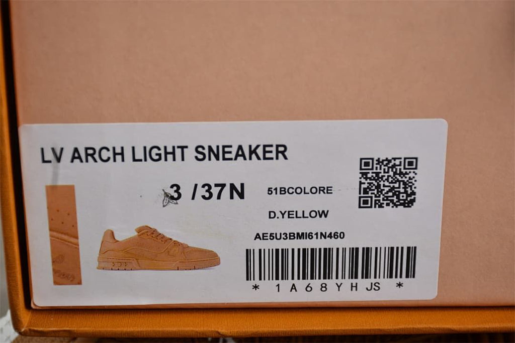 Shoebox label reading LV Arch Light Sneaker and D.Yellow; the size marking is partly obscured.