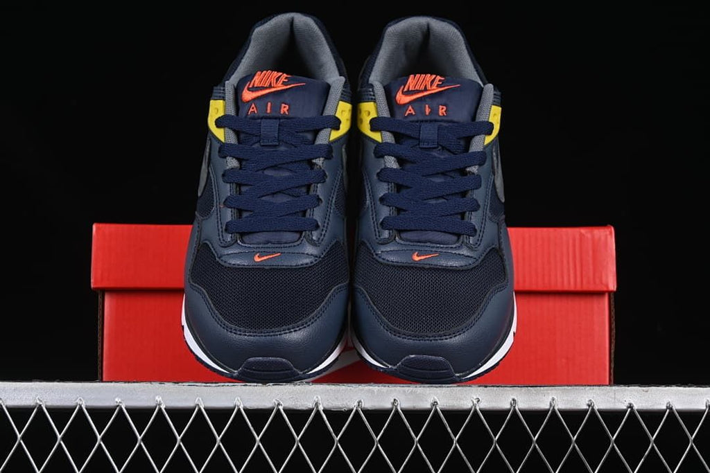 Front view of the pair showing navy mesh uppers and coral tongue logos.