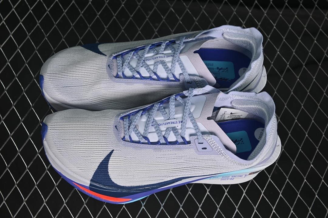 Pair of gray and lavender Nike ZoomX Streakfly 2 shoes viewed from above.