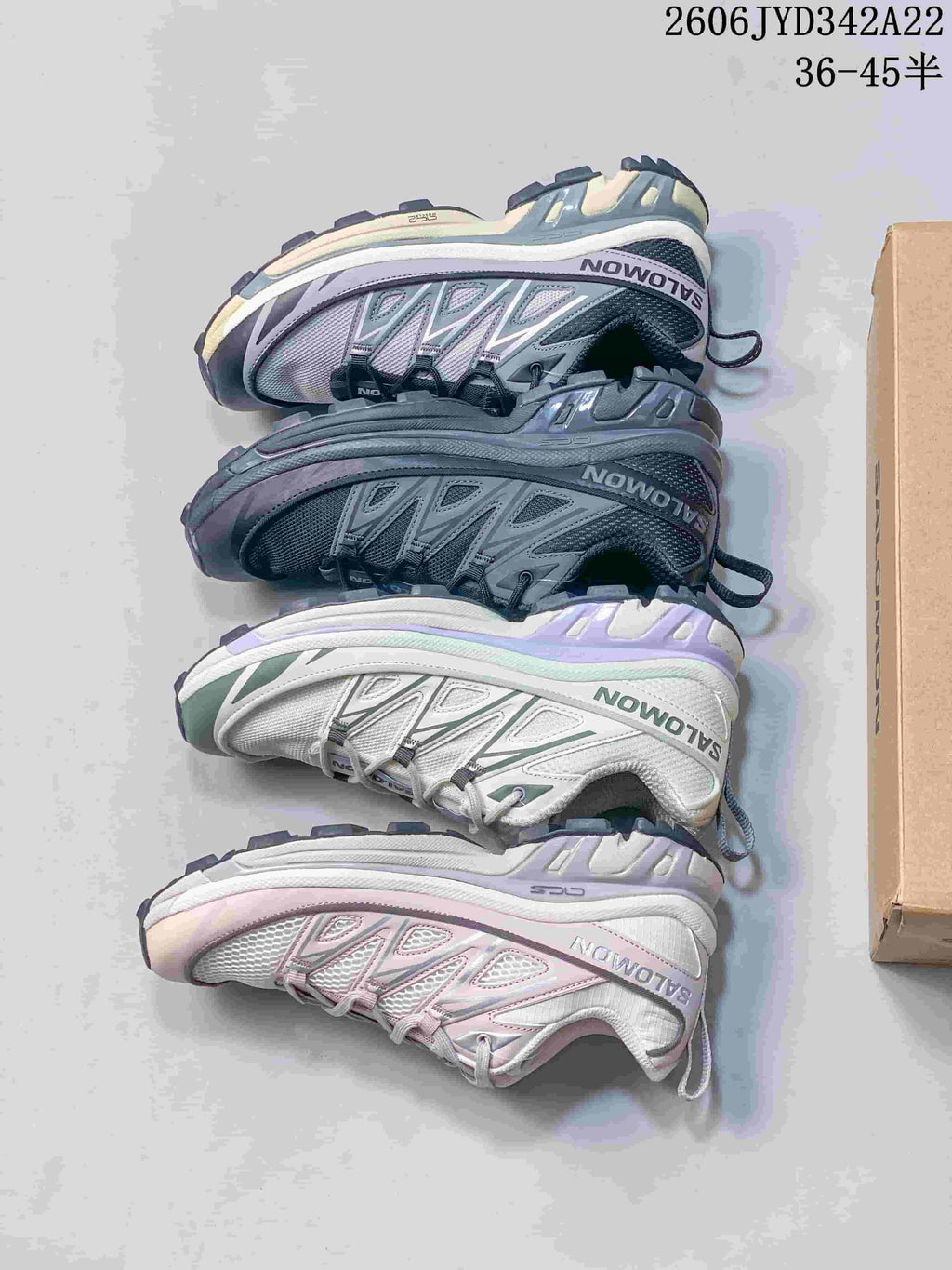 Salomon sneakers in four colorways shown from the side
