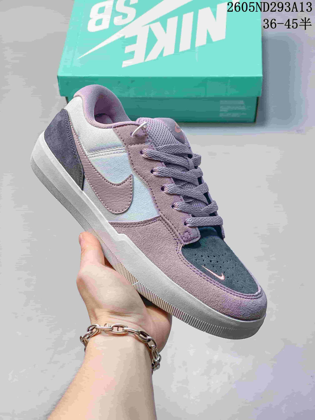 Lavender, grey and pale blue Nike SB Force 58 low-top sneaker