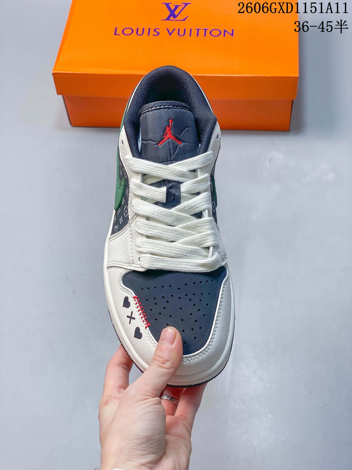 Top view showing the perforated navy toe, white laces, and heart and cross details.
