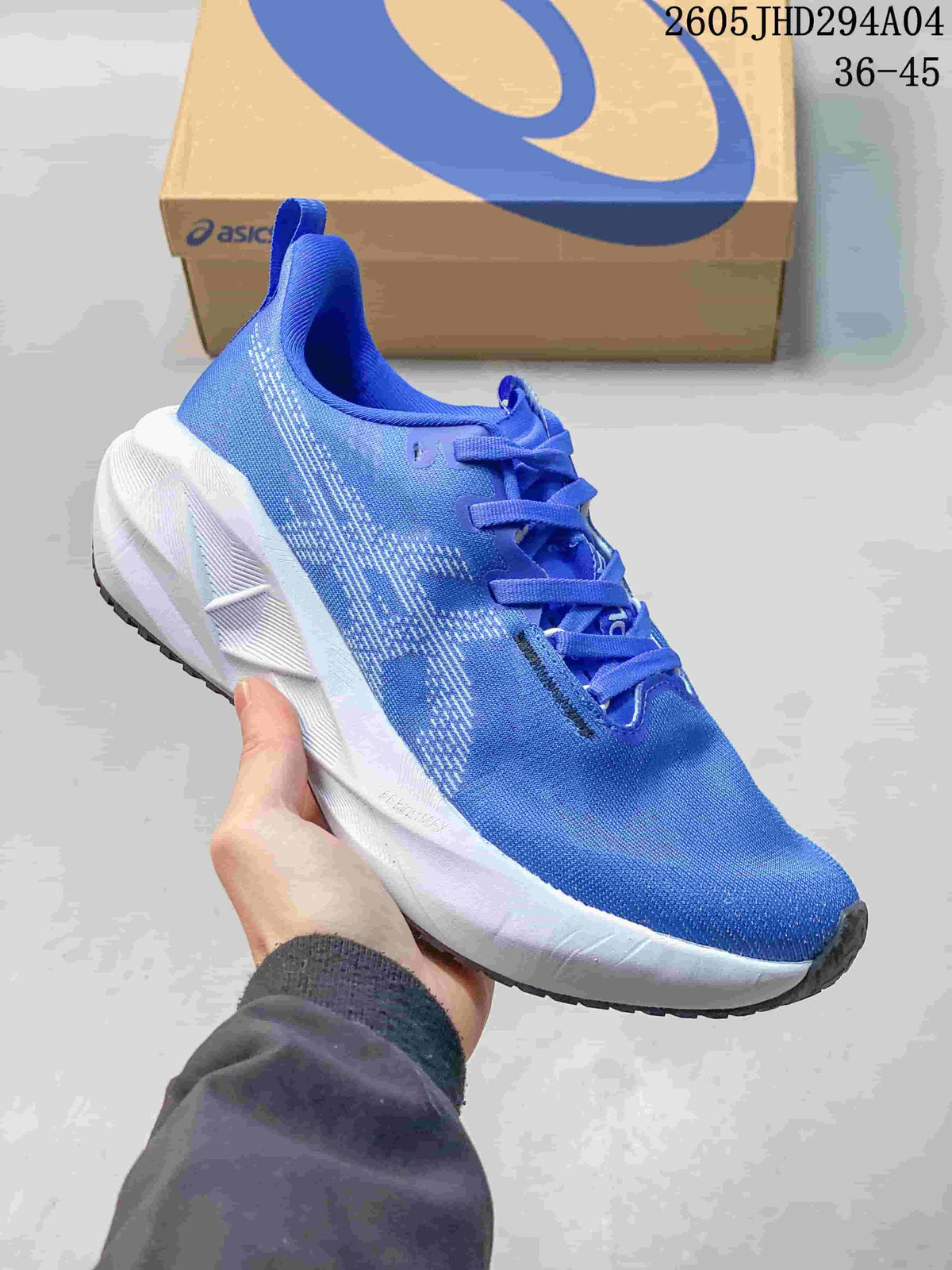 Bright blue ASICS NOVABLAST 5 LE running shoe with a white midsole