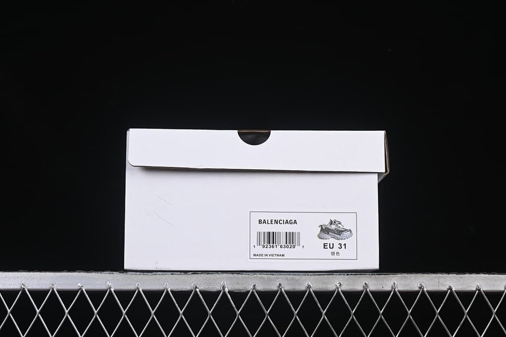 Shoebox label showing Balenciaga, EU 31, and silver color text