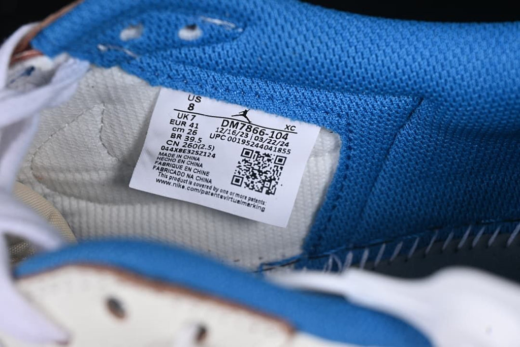 Close-up of the shoe's size and model label