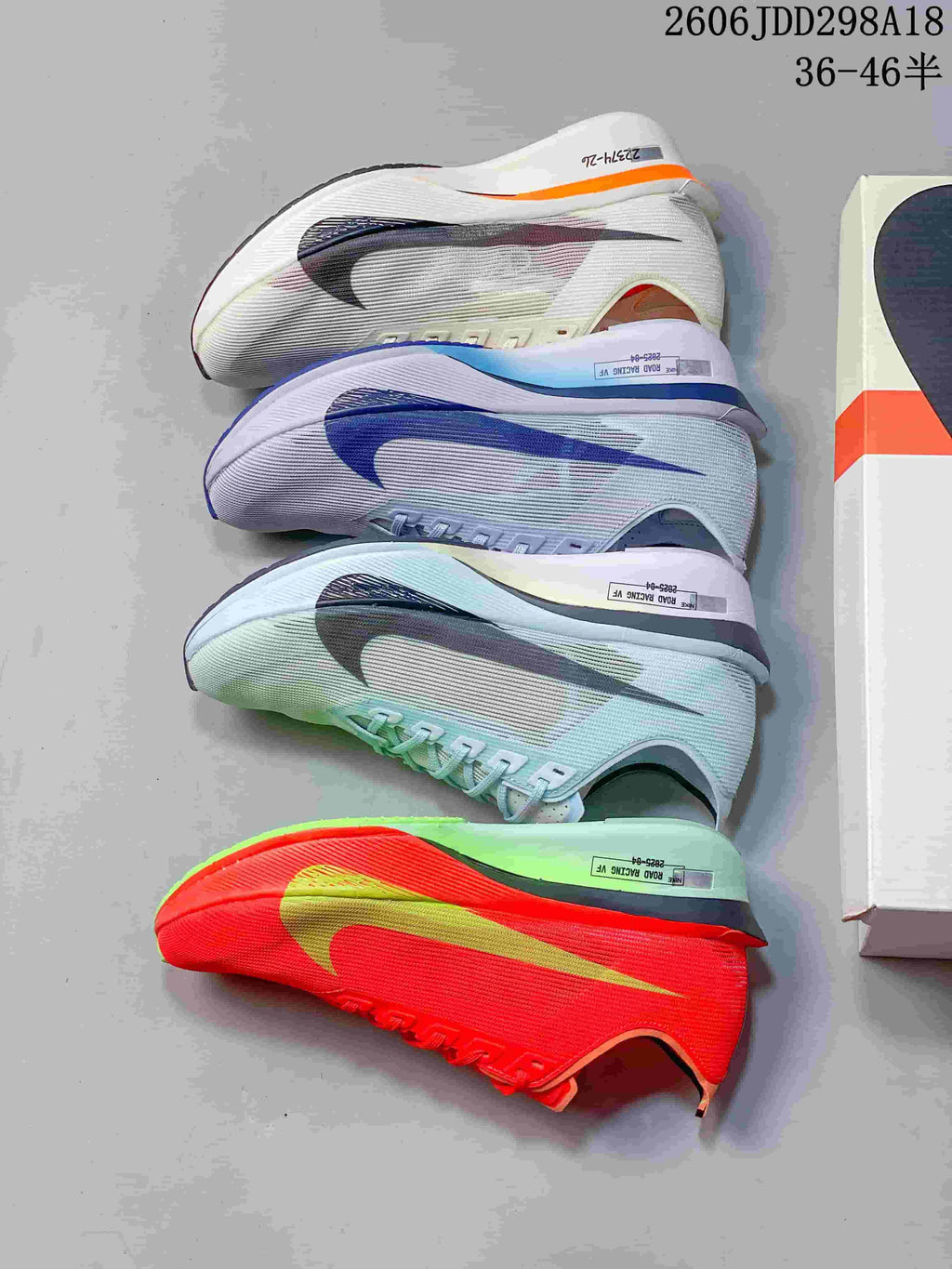 Four Nike ZoomX Vaporfly Next% 4 colorways shown in side profile.