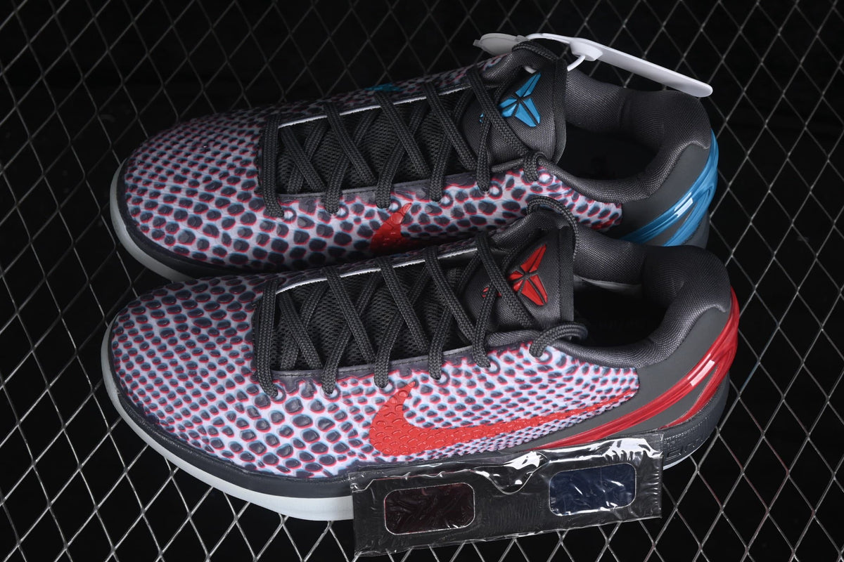 Angled view of the pair showing the patterned uppers, mismatched Swoosh colors, heel structures, and included accessory pieces.