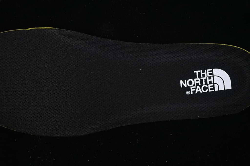 Close-up of a black shoe insert with The North Face logo.
