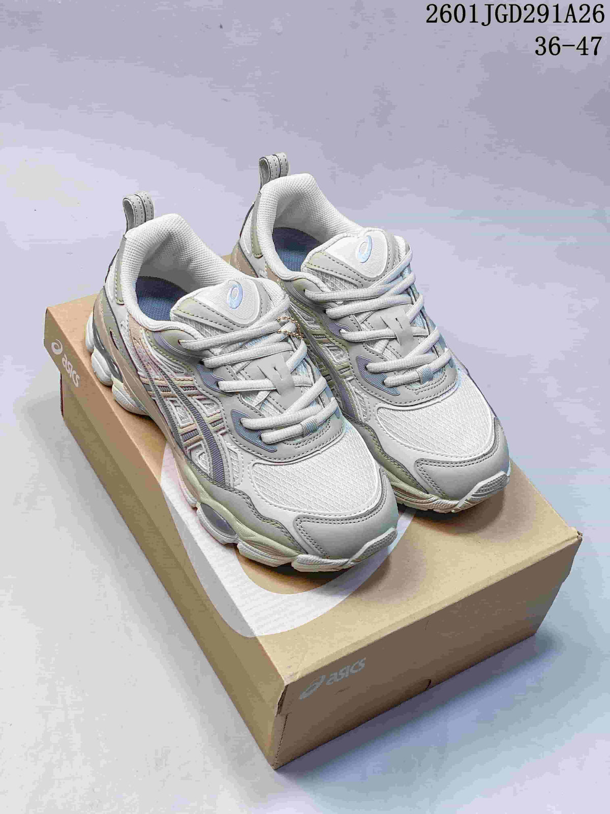Off-white and gray ASICS GEL-NYC RGD sneakers shown as a pair