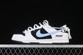 Side view of black and white Nike Dunk Low sneakers with a light blue Swoosh and Miracle heel graphic
