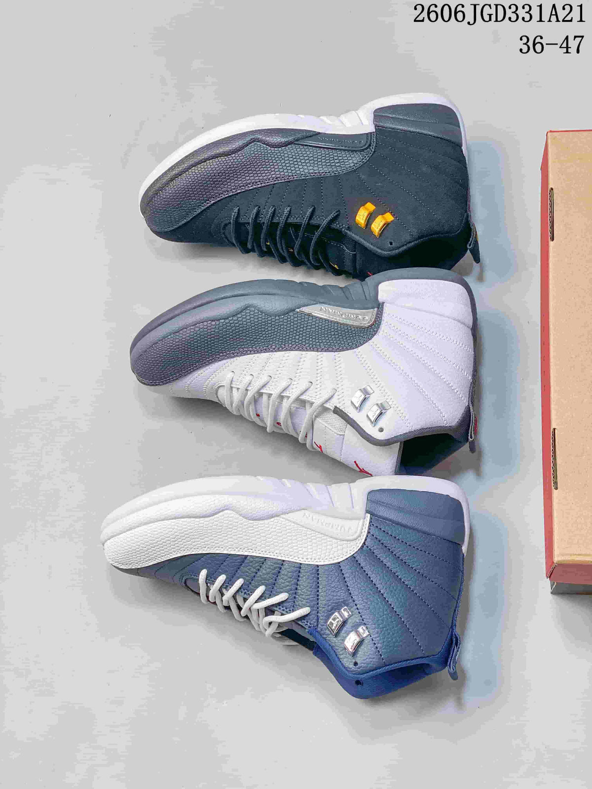Three Air Jordan 12 colorways shown from the side