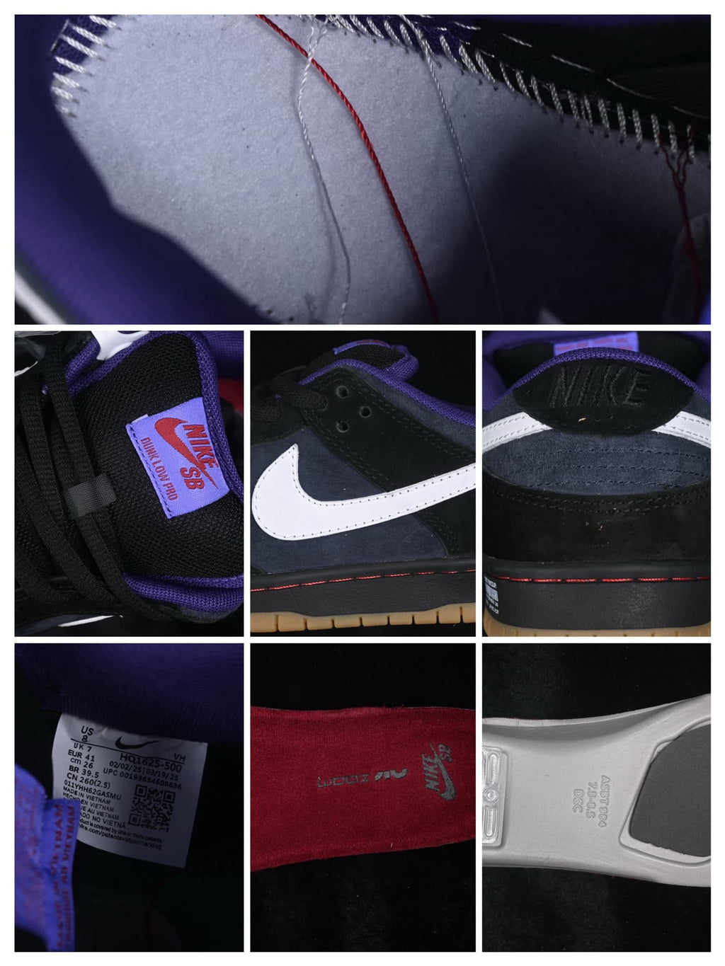 Detail collage showing the Nike SB tongue label, white Swoosh, heel branding, interior label, and outsole construction.