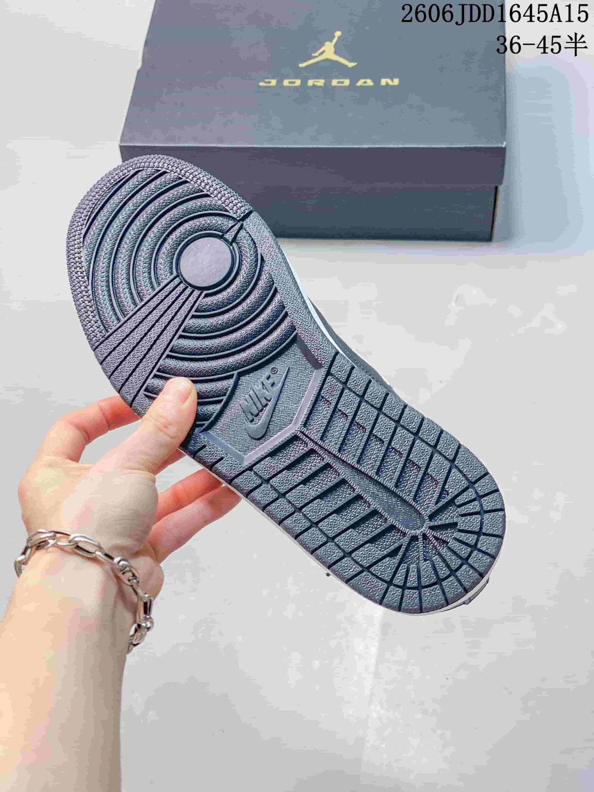 Outsole view of a Jordan sneaker showing its patterned tread