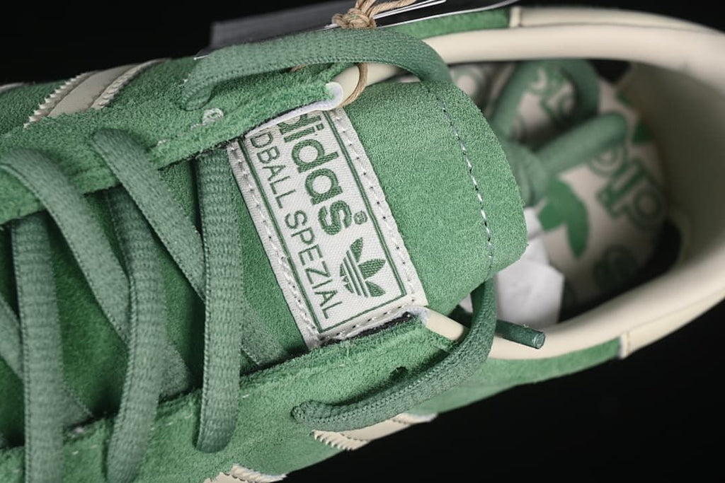 Close-up of the adidas Handball Spezial tongue label and laces