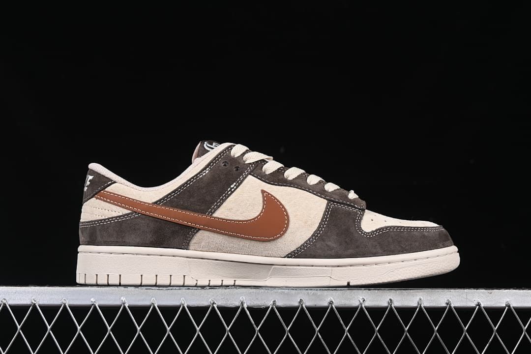 Side profile of the low-top sneaker with a brown Swoosh and contrasting panels.