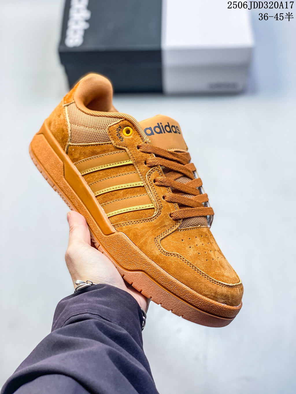 Tan and brown adidas Entrap sneaker with contrasting side stripes.