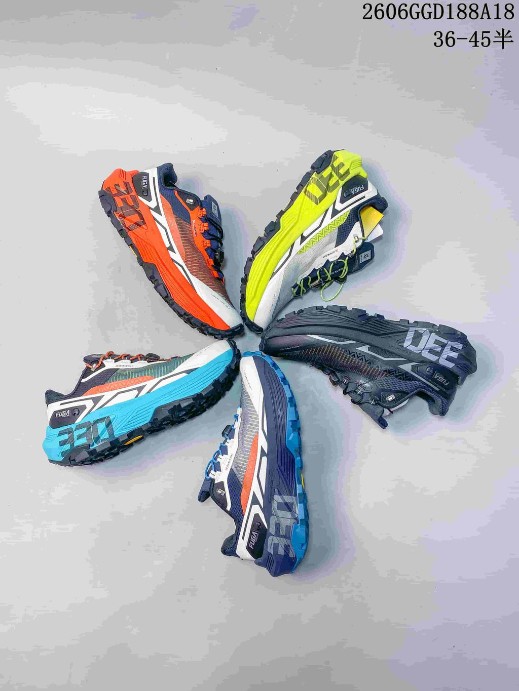 Five Kailas FUGA EX330 trail shoes arranged in a circle to show different colorways