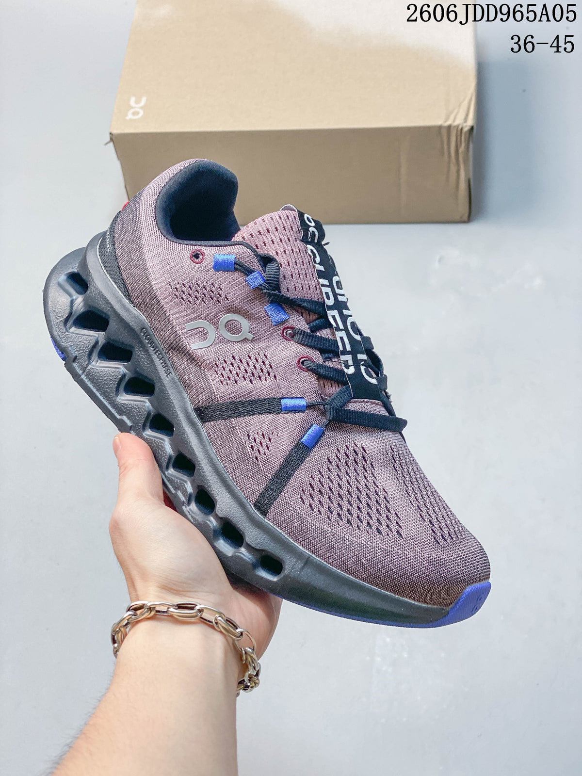 Mauve On Cloudsurfer Trail shoe with dark laces and a dark sole